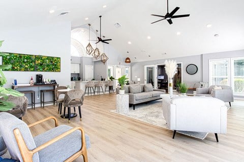 a living room and dining room with furniture and a kitchen